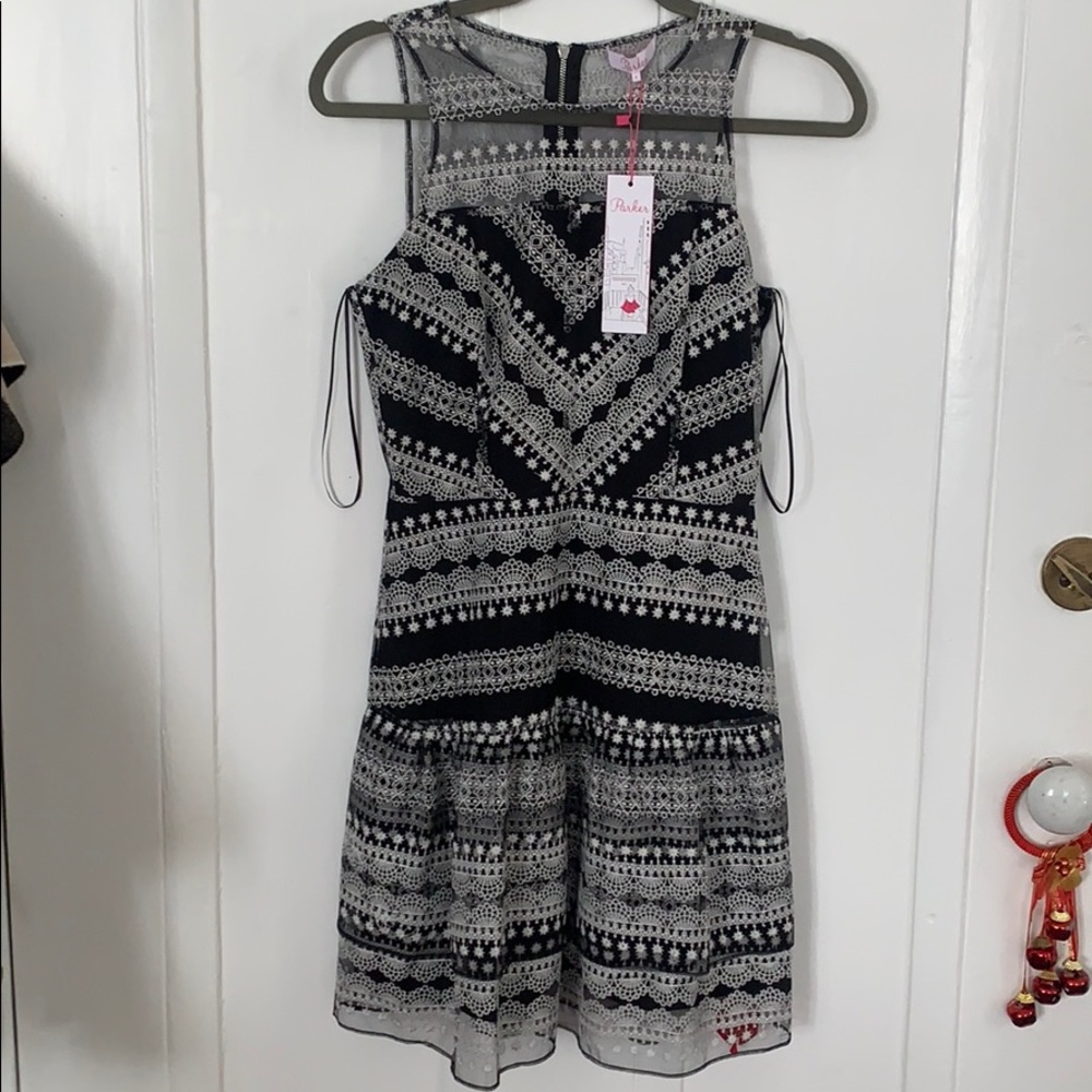 Parker embroidered eyelet ruffle dress black white